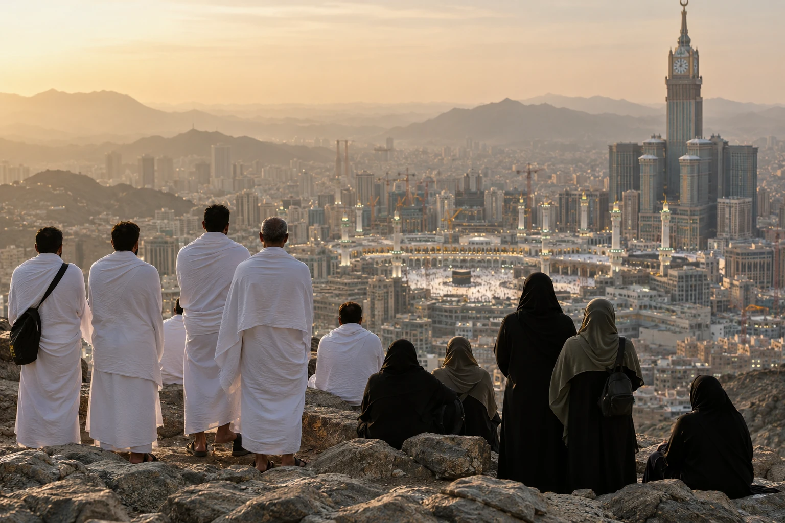 Pilgrims in white seen from behind at a high viewpoint