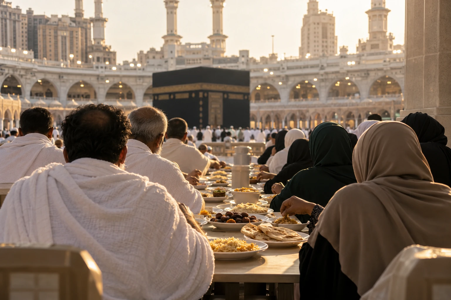 Pilgrims seen from behind sharing a meal