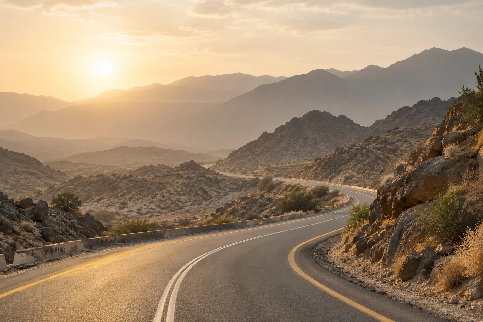 A quiet road winding through a rocky desert landscape