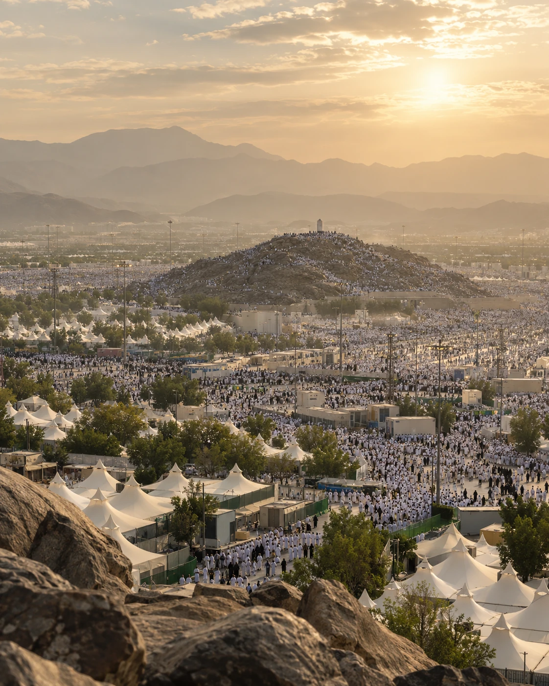 Distant pilgrims gathered on the plain of Arafat