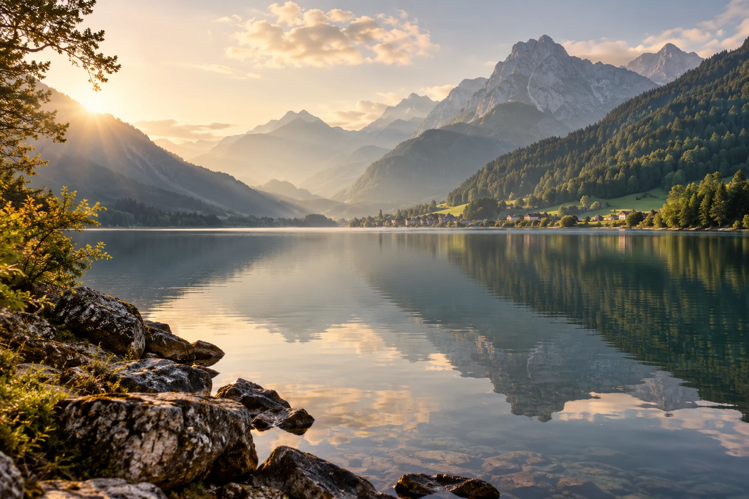 Alpine lake and wooded mountains in morning light