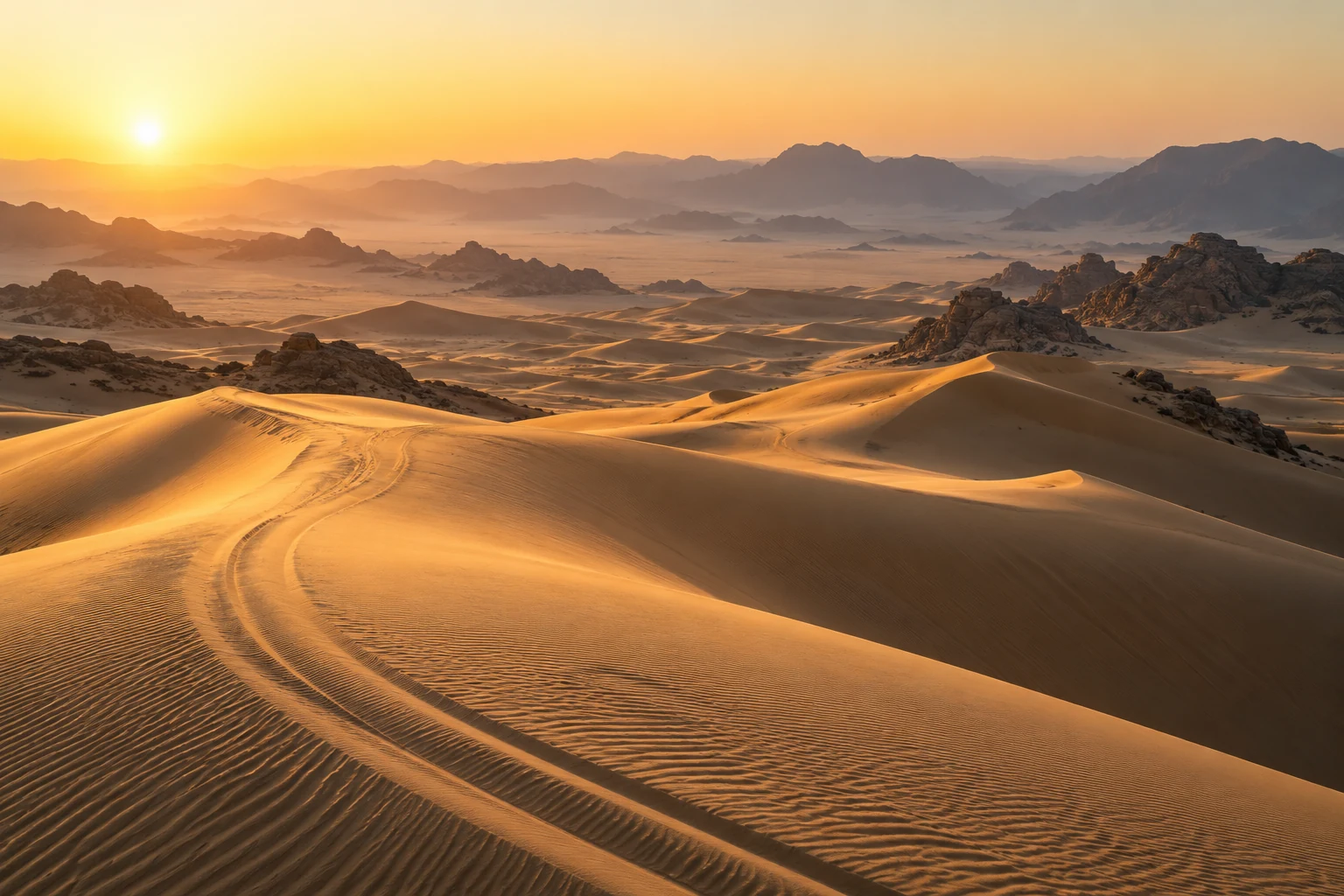 Soft sunrise across Arabian desert dunes